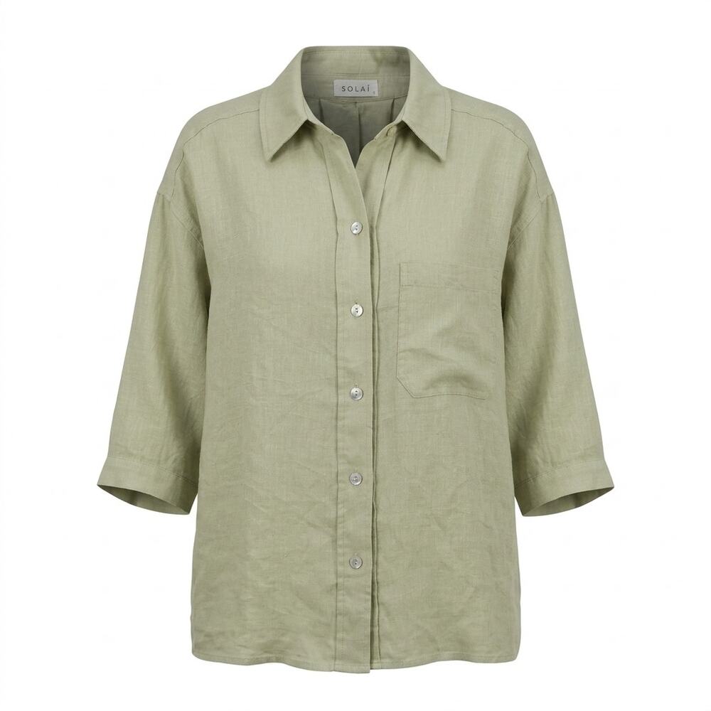 Solai 100% Linen Green Lightweight Breathable Button-Up Shirt Women Size S